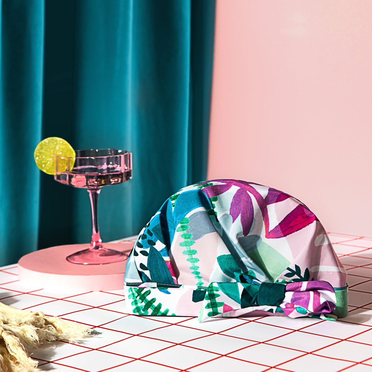 Bow-Tie_shower_cap_abstract_floral_with_towel_and_cocktail_square