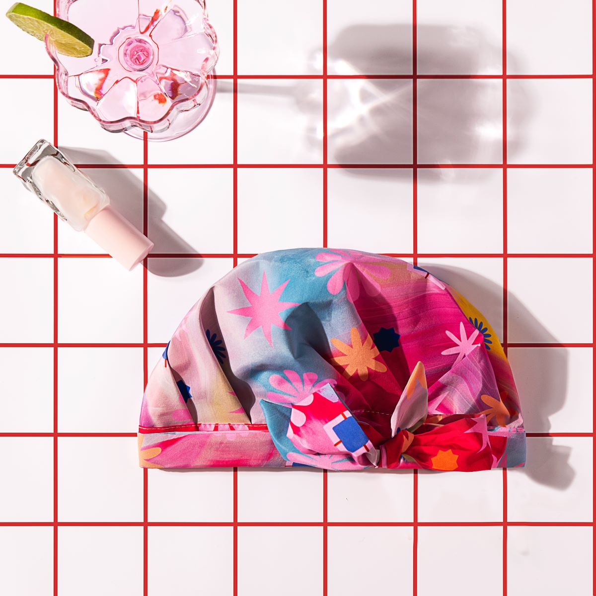 Bow-Tie_shower_cap_floral_oil_painting_with_moisturiser_and_cocktail_square