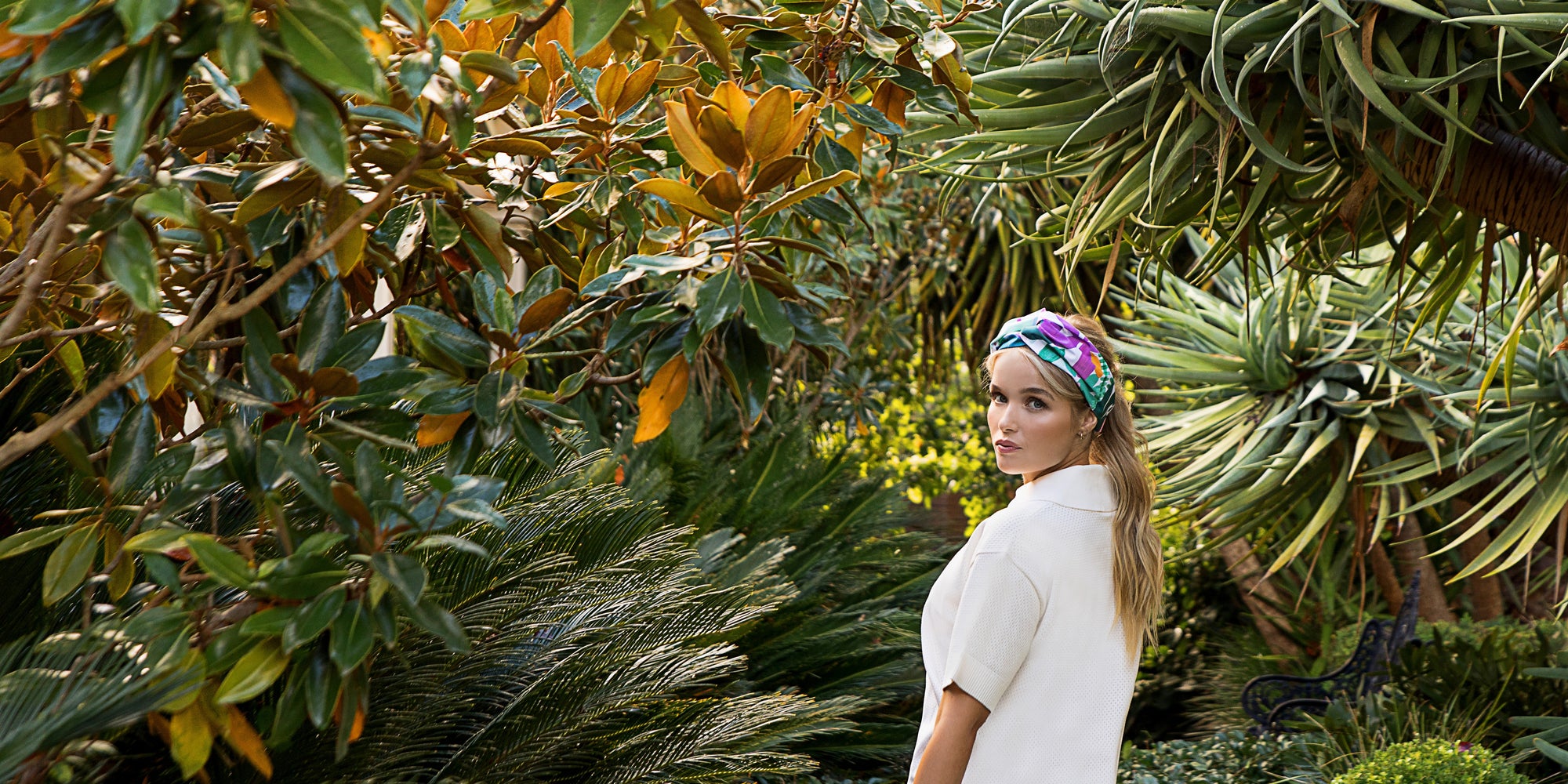 abstract floral waterproof headband woman in garden
